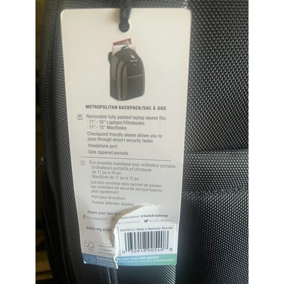 Solo New York Metropolitan Backpack 16" Laptop Bag Detach Sleeve  Black Warranty - Picture 8 of 11